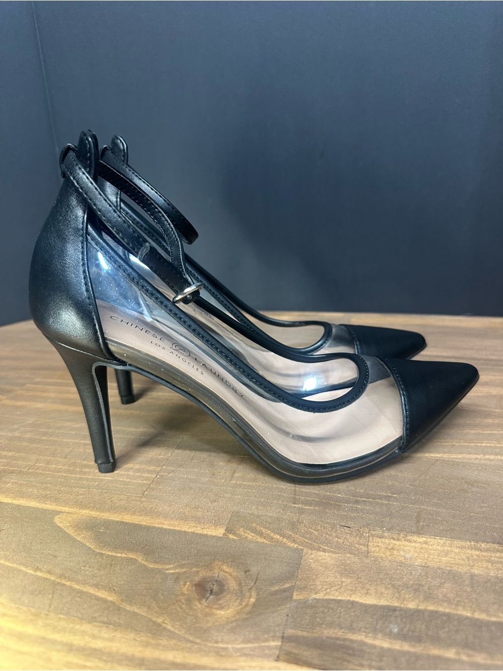 Chinese Laundry Black Pointed-Toe Clear Panel Ankle-Strap Heels - Picture 3 of 7